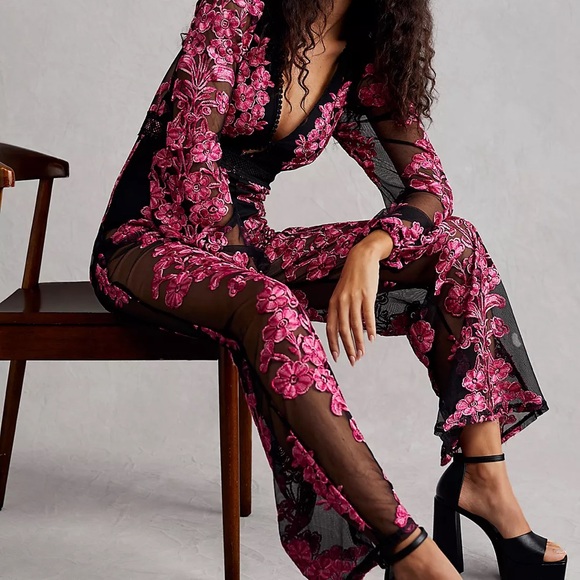 For Love and Lemons x‎ Free People Black and Pink Floral Sheer Temecula Jumpsuit - Picture 1 of 8